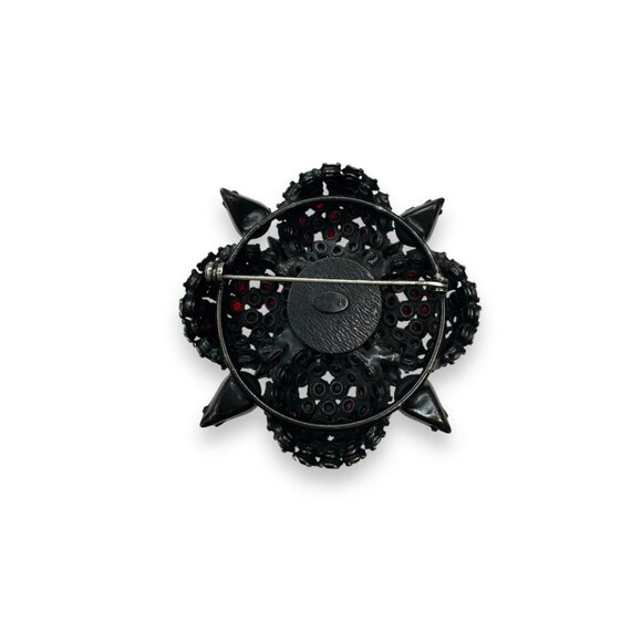 Vintage Warner Red Crystal Flower Brooch Pin Japanned Metal 2.5" Diameter - Picture 3 of 13